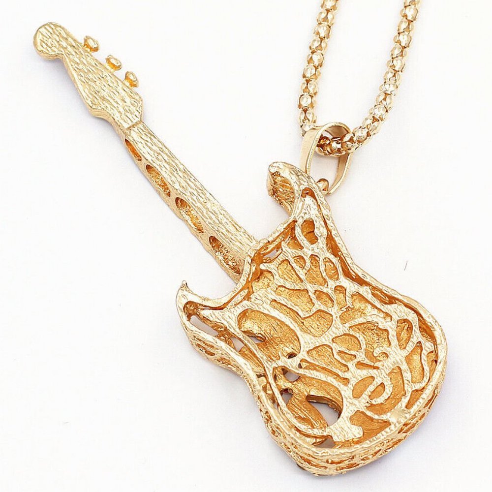 Music Lovers! Electric GUITAR Red & White Enamel & Rhinestone Pendant Necklace - Picture 6 of 8